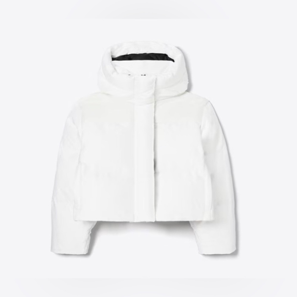 TORY BURCH CROPPED WHITE LOGO DOWN JACKET EUC